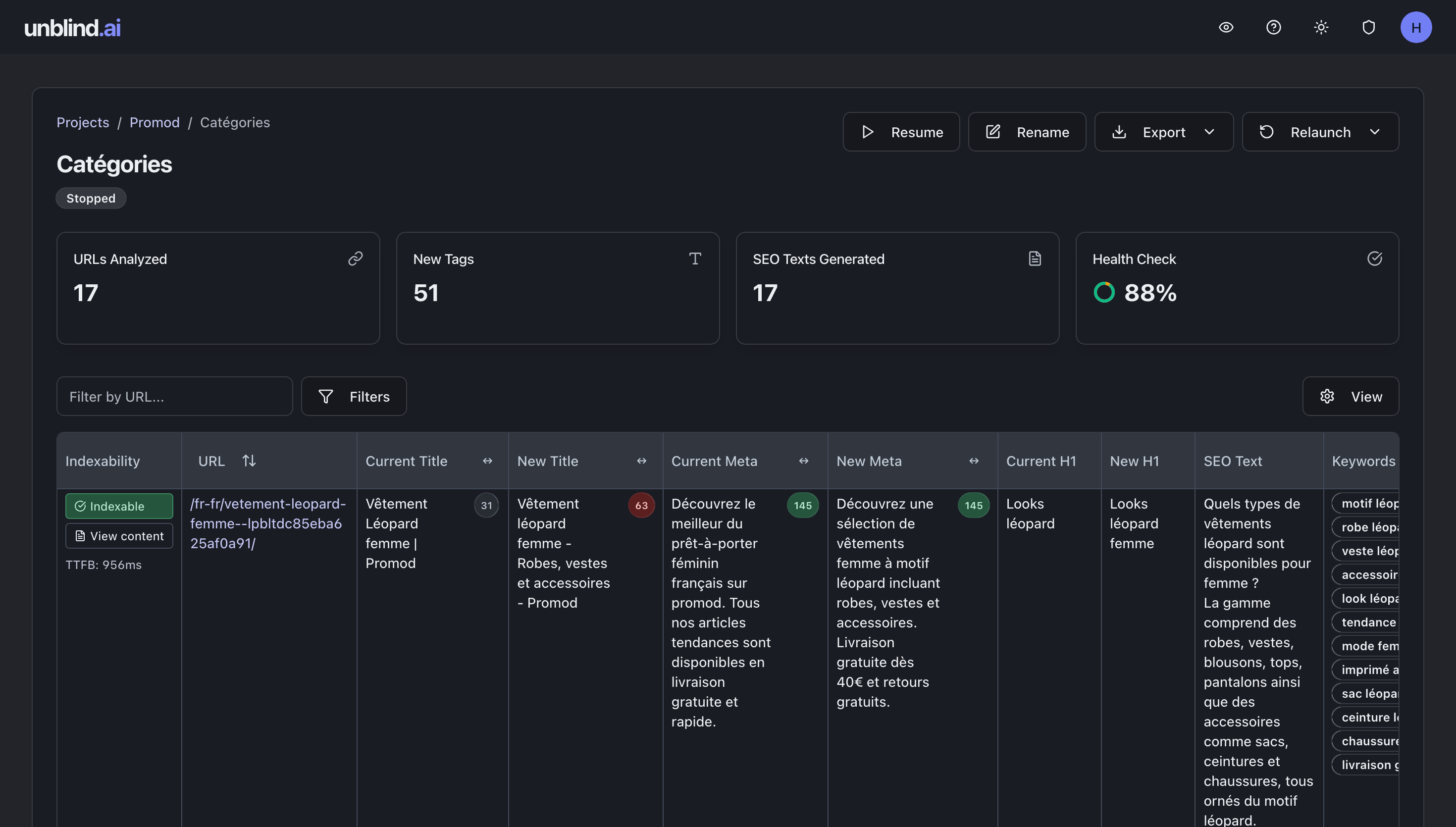 Interface unblind.ai générant des balises SEO